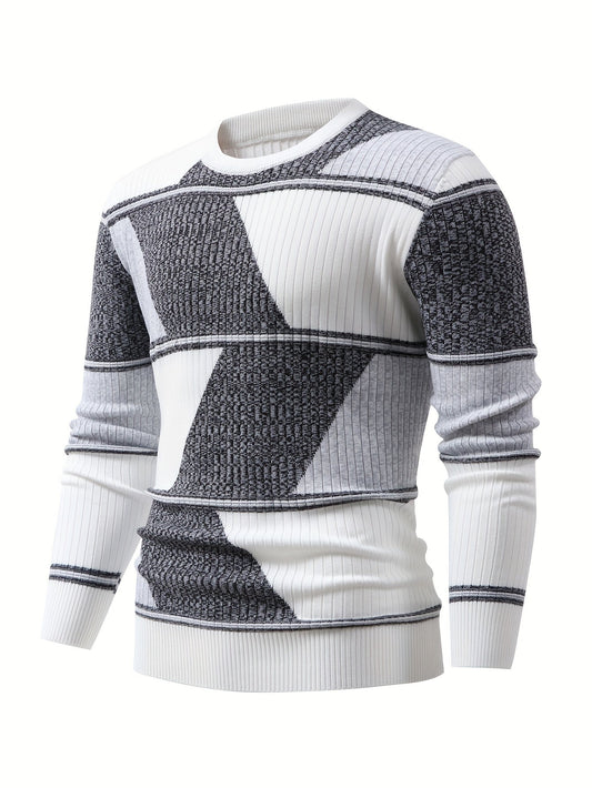 Herren Rippstrick Pullover Rundhals Langarm Modernes Design Weiß Schwarz