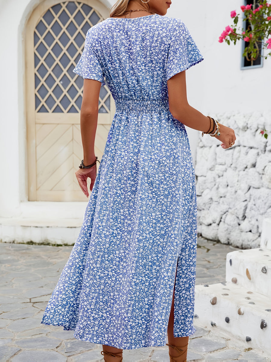 Damen Boho Maxikleid mit V-Ausschnitt und Blumenmuster – Elegantes Sommerkleid für Alltag und Urlaub