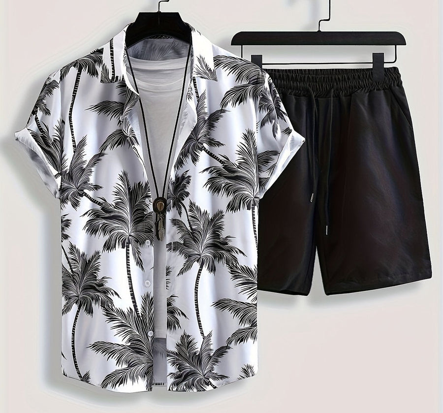 Herren Sommer Freizeit Set – Kurzarm Hemd mit Palmenmuster & Shorts, Perfekt für Urlaub und Strand
