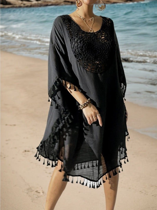 Damen Strand Kaftan Poncho mit Häkel-Details und Quasten – Perfekte Strandmode Cover-Up