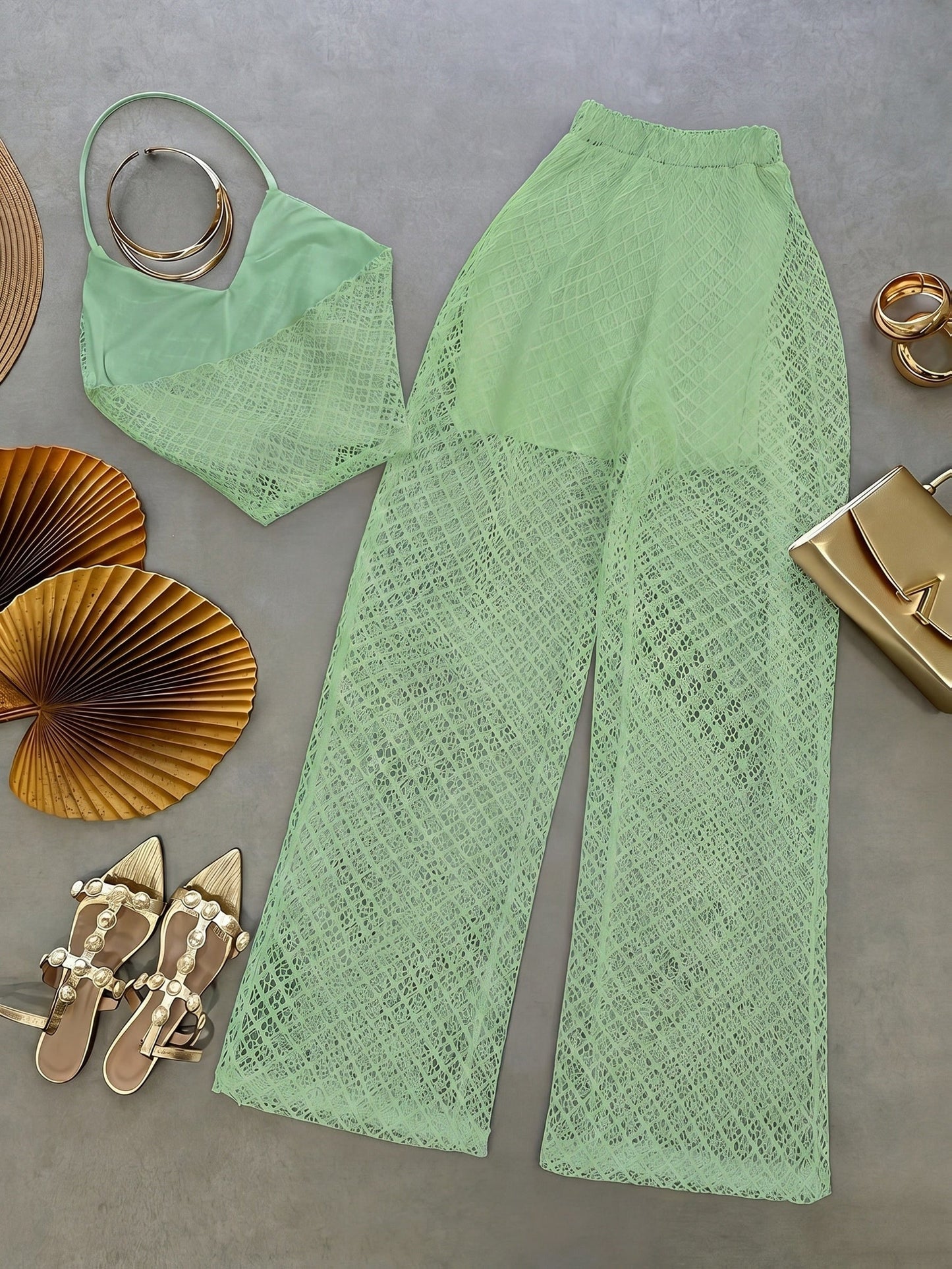 Damen Zweiteiler Set – Elegantes Netz-Top und Weitbeinige Hose für Urlaub & Strand