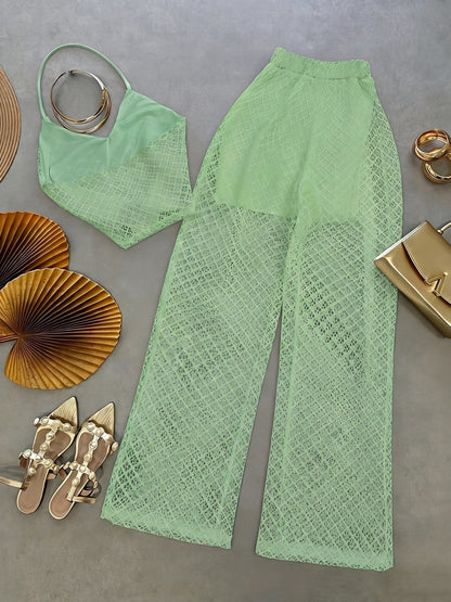 Damen Zweiteiler Set – Elegantes Netz-Top und Weitbeinige Hose für Urlaub & Strand