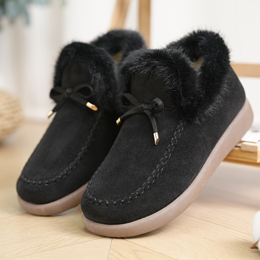 Damen Hausschuhe Rosa mit Kunstfellfutter & Schleife, Bequeme Winter Pantoffeln