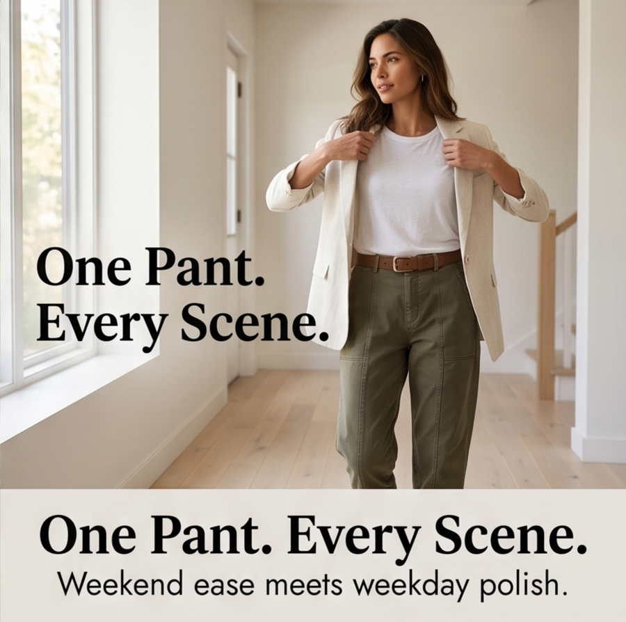 Damen Freizeithose mit sichtbaren Nähten und Gürtelschlaufen, Khaki oder Oliv