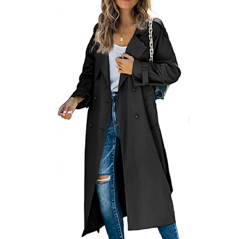 Damen Trenchcoat Lang Zweireihig mit Gürtel in Hellgrau