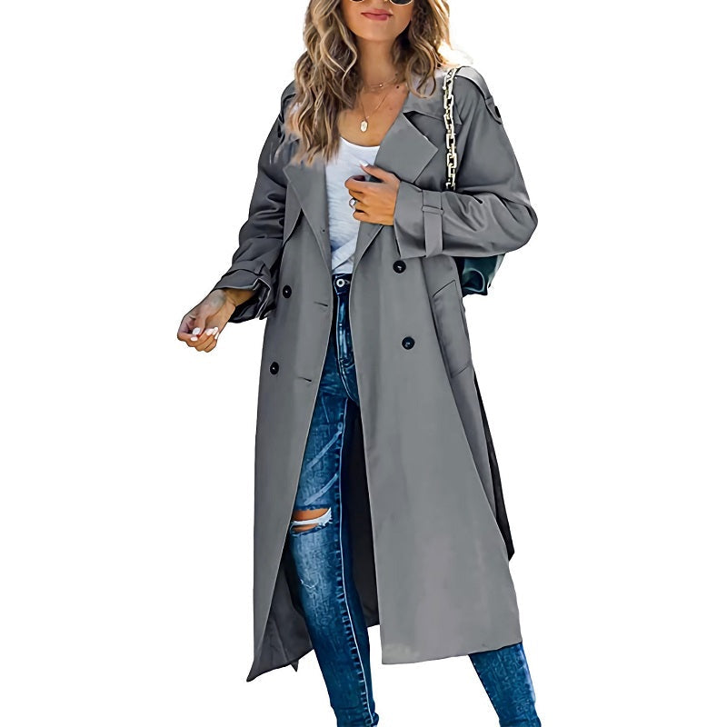 Damen Trenchcoat Lang Zweireihig mit Gürtel in Hellgrau
