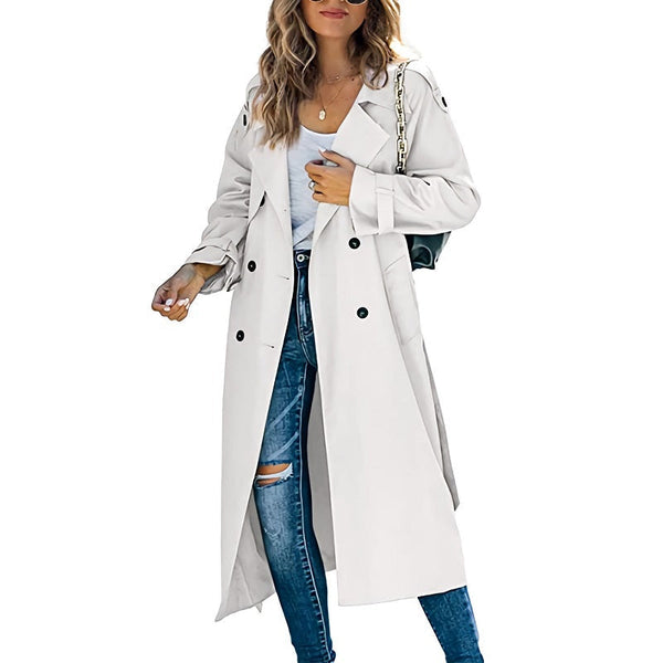 Lange damestrenchcoat met dubbele rij knopen en riem in lichtgrijs