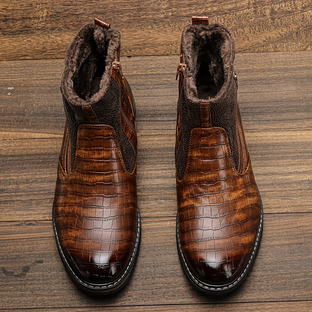 Herren Stiefeletten Dunkelbraun mit Kroko-Prägung und Futter