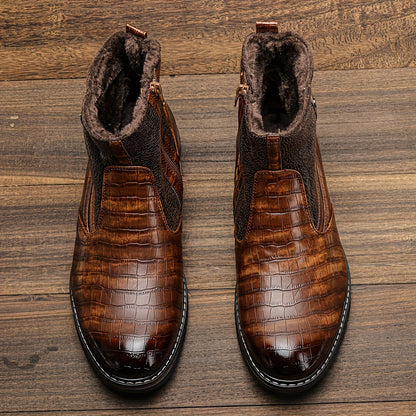 Herren Stiefeletten Dunkelbraun mit Kroko-Prägung und Futter