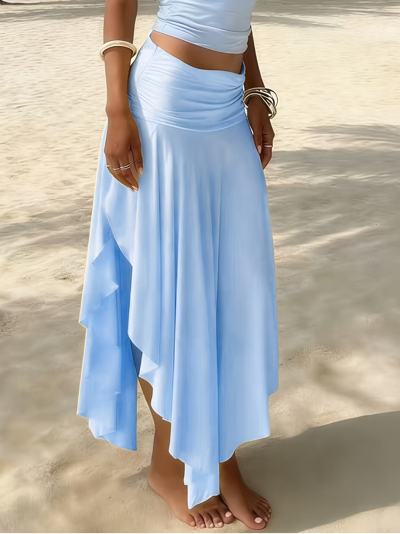 Damen Maxi-Strandrock mit asymmetrischem Volant-Saum, elegant-lässiger Urlaubsstil
