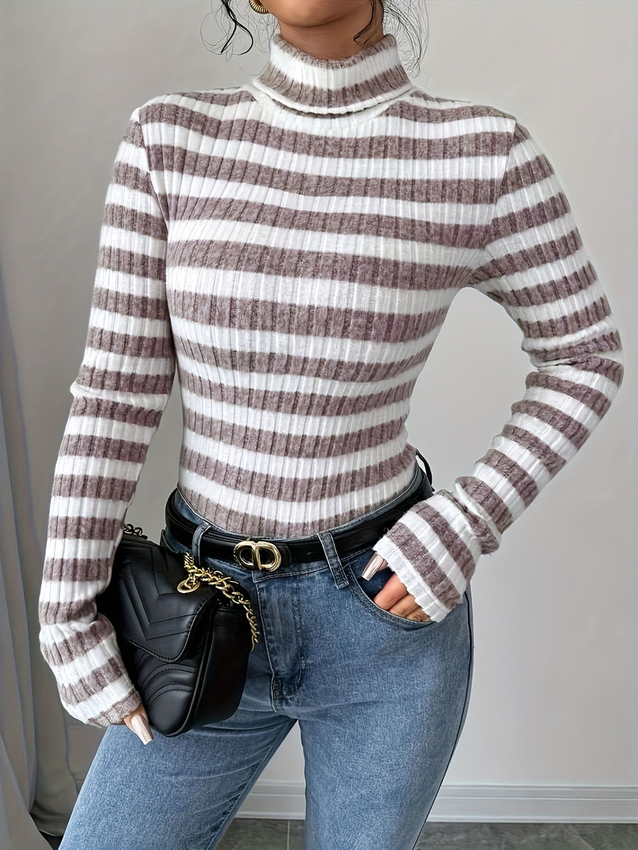 Damen Rollkragenpullover gestreift, Rippstrick, Langarm