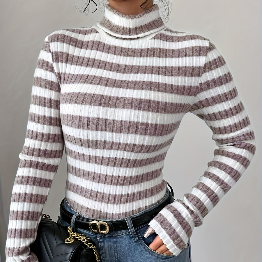 Damen Rollkragenpullover gestreift, Rippstrick, Langarm