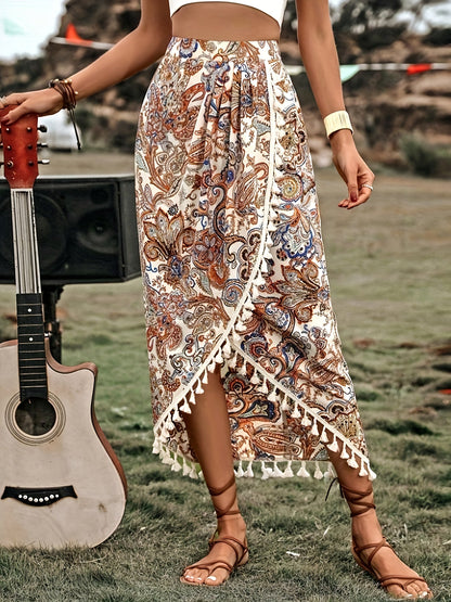 Damen Midirock Boho Wickelstil mit Paisley-Muster und Quasten für Freizeit und Festivals