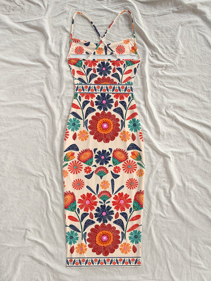 Damen Midi Kleid mit Blumenmuster und Spaghettiträgern – Boho Chic für Alltag & Urlaub