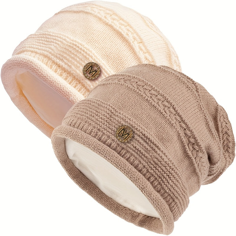 Slouchy Beanie Mütze Damen Strickmütze Beige mit Muster weiches Innenfutter