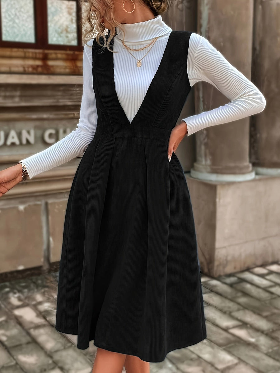 Damen Latzkleid Kord Midi Tief V-Ausschnitt Dunkelblau