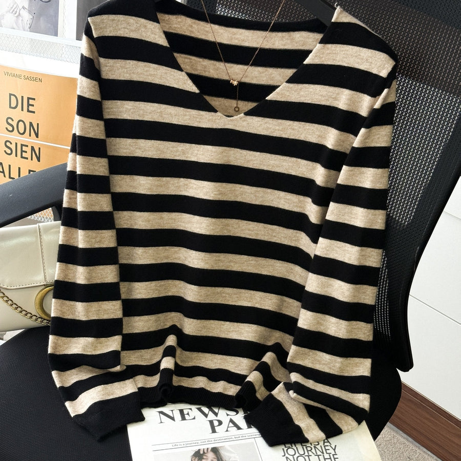 Damen Pullover Gestreift V-Ausschnitt Langarm Strick
