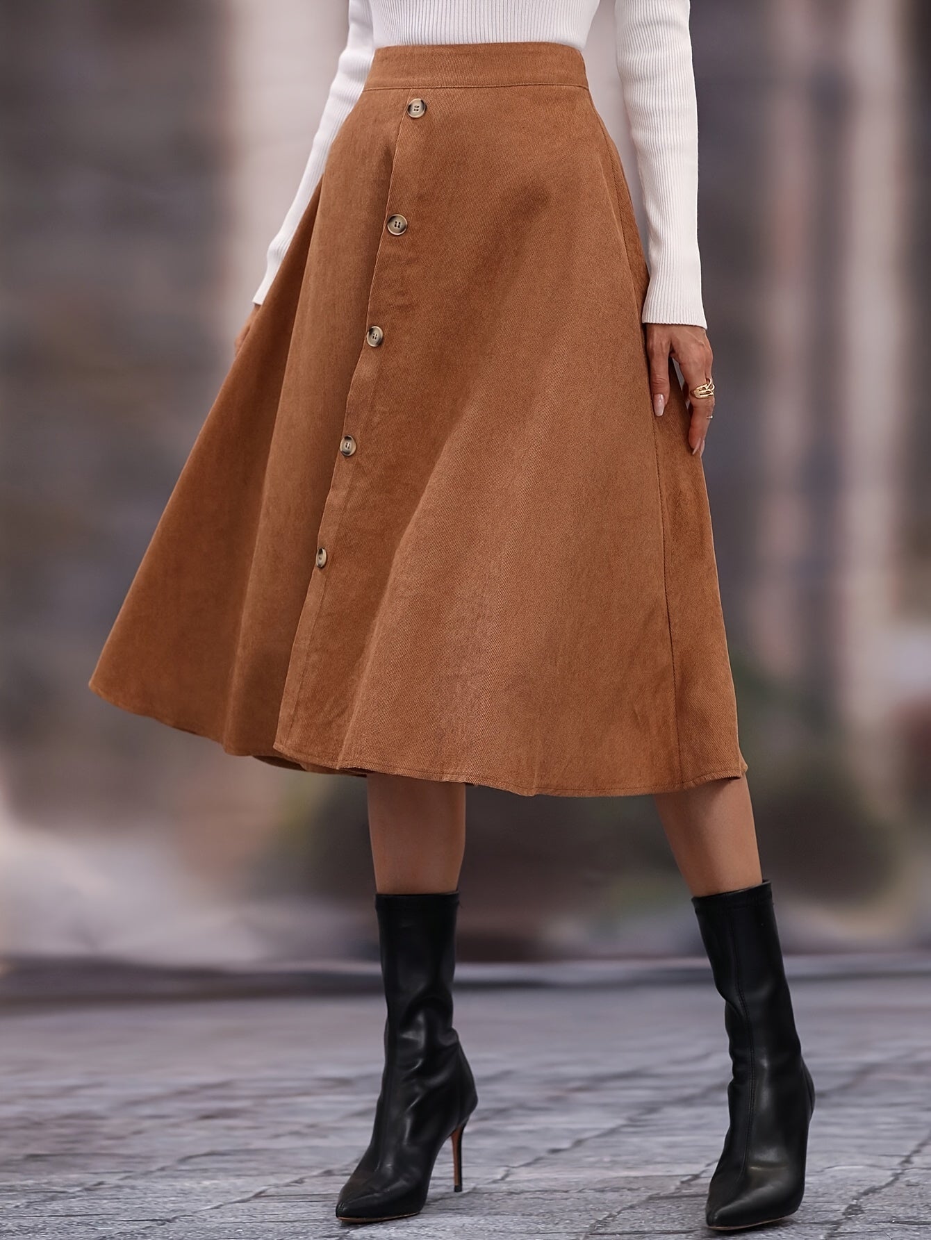 Damen A-Linien Rock Midi mit Knopfleiste Hoher Taille Braun