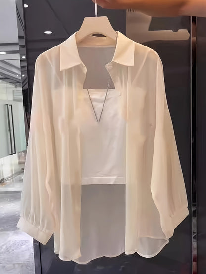 Damen Elegantes Zweiteiler-Set mit Transparenter Bluse und Bandeau Top – Modisches Layering für Alltag und Ausgehen