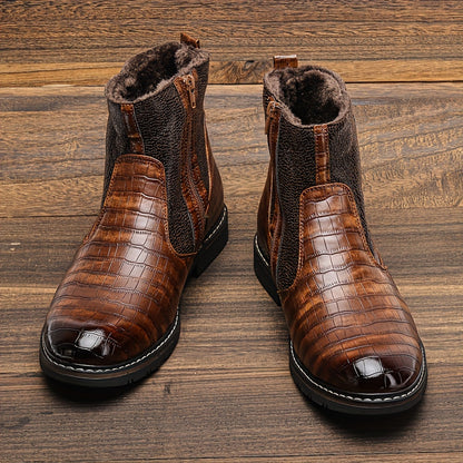 Herren Stiefeletten Dunkelbraun mit Kroko-Prägung und Futter