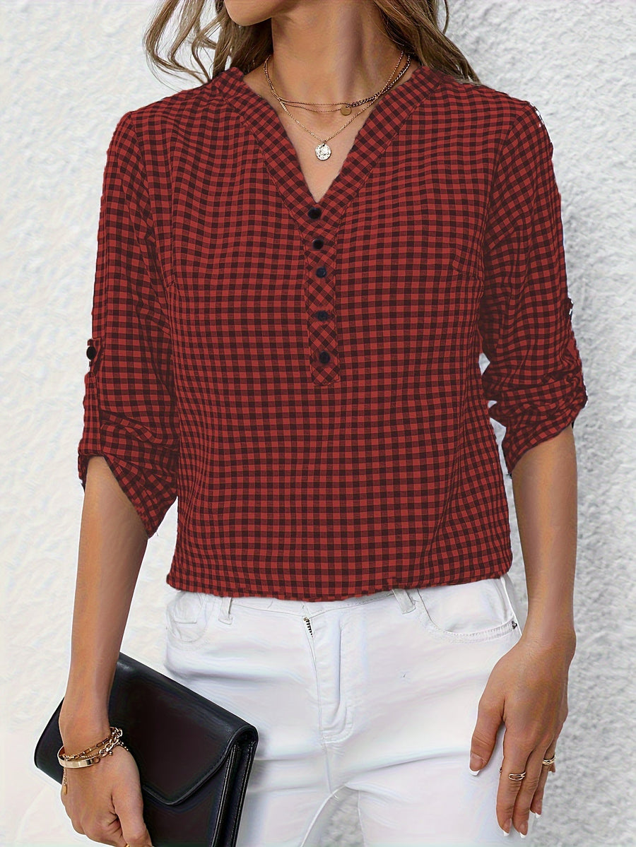 Damen Casual Karo Bluse mit Knopfleiste und 3/4-Ärmeln – Perfekt für Alltag & Freizeit