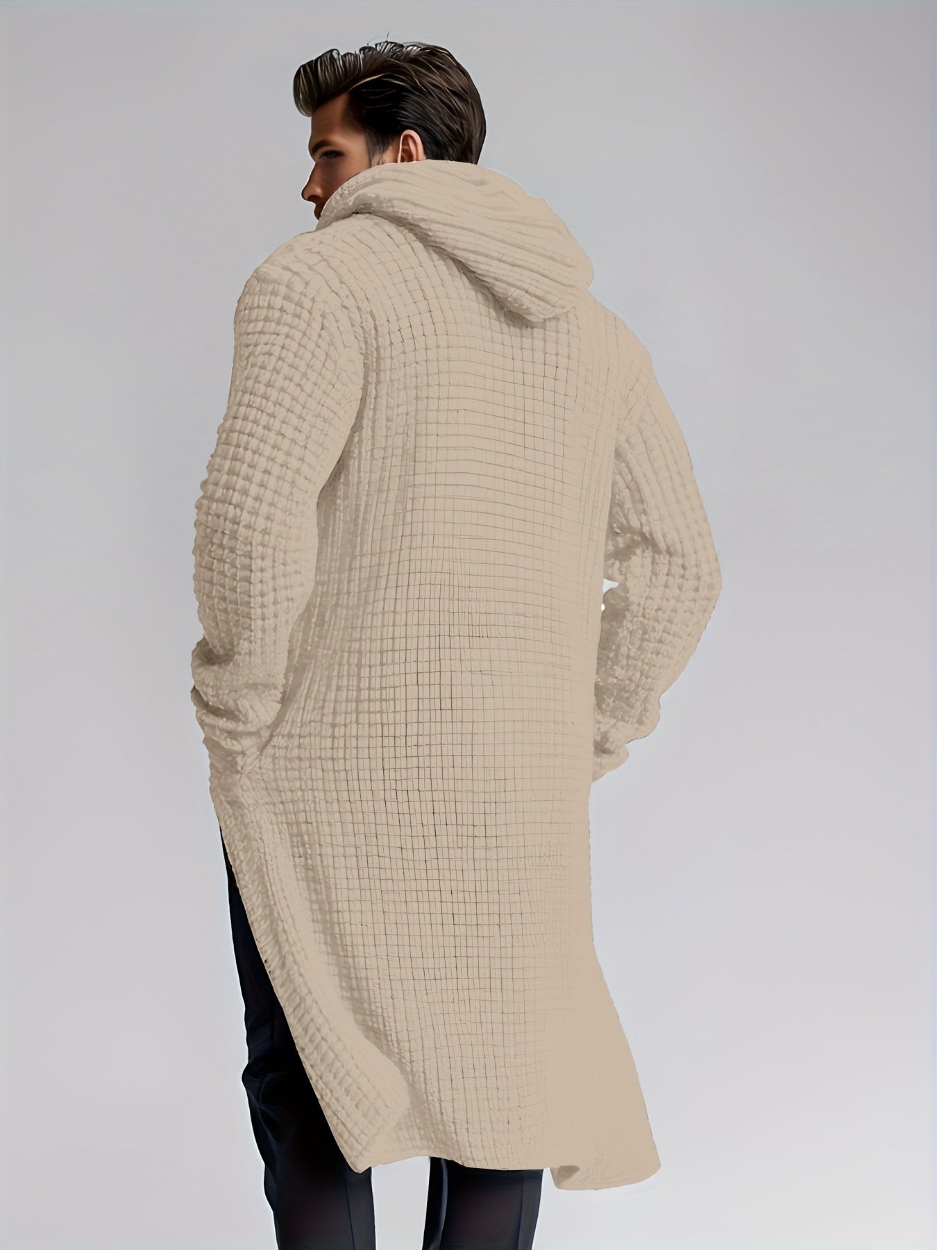 Herren Strickmantel mit Kapuze | Langer Bademantel in Waffelstruktur
