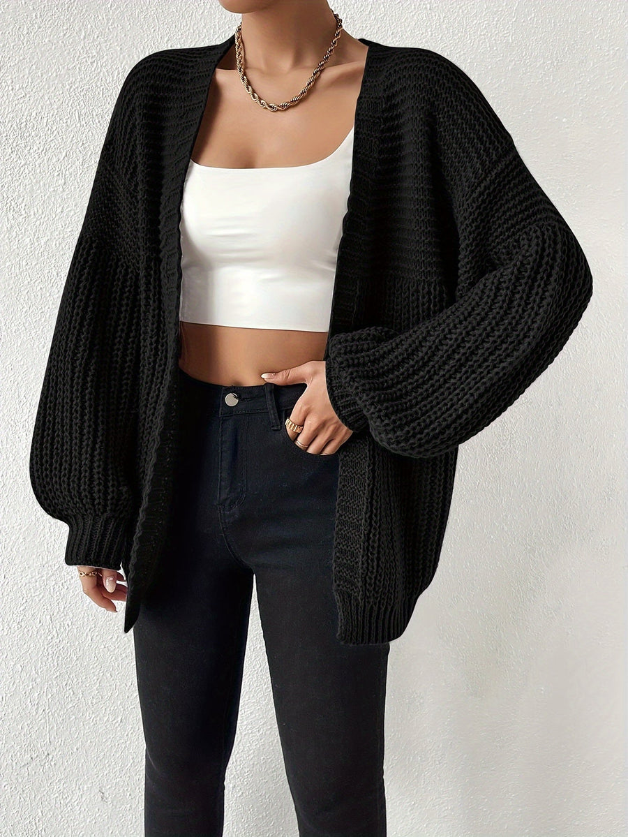 Damen Strickjacke Schwarz Offen Grobstrick Ballonärmel