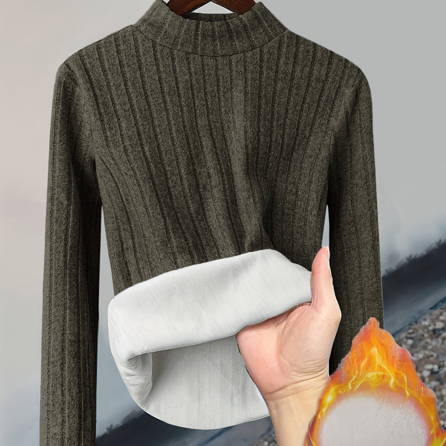 Gerippter Damen Pullover mit hohem Kragen und warmem Fleecefutter, Langarm, Slim Fit
