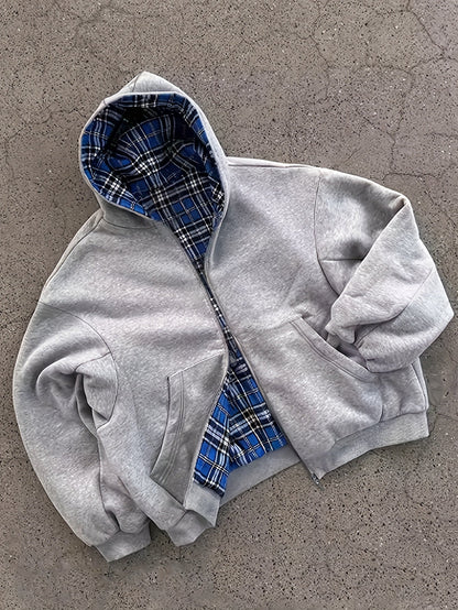 Unisex Reißverschluss Hoodie Hellgrau mit kariertem Innenfutter Kapuzenpullover