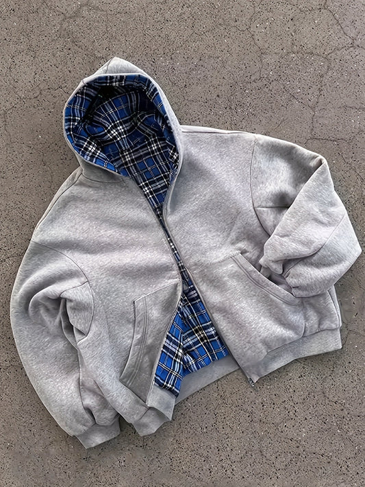 Unisex Reißverschluss Hoodie Hellgrau mit kariertem Innenfutter Kapuzenpullover