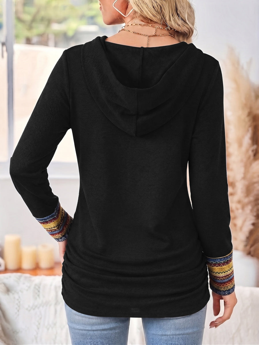 Damen Langarmshirt mit Wickelkragen und Zierknöpfen, Schwarz