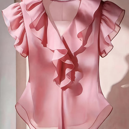 Damen Rüschenbluse mit V-Ausschnitt und Volantärmeln – Eleganter Stil für Büro und besondere Anlässe