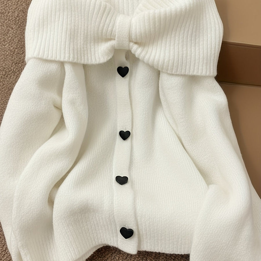 Damen Strickpullover Carmen-Ausschnitt Schleife Herzknöpfe