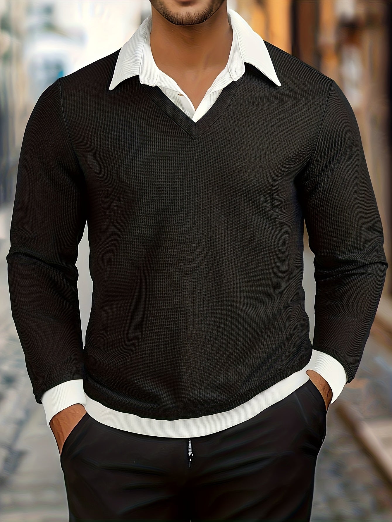 Herren V-Ausschnitt Langarmshirt Schwarz mit Kragenoptik