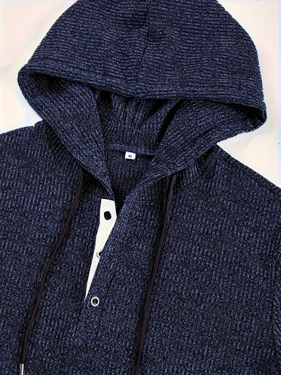 Herren Hoodie mit Knopfleiste Dunkelblau Strickoptik
