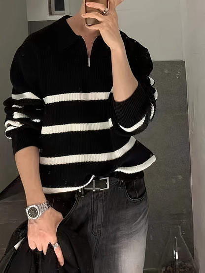 Unisex Langarm-Poloshirt mit Reißverschluss und Streifenmuster