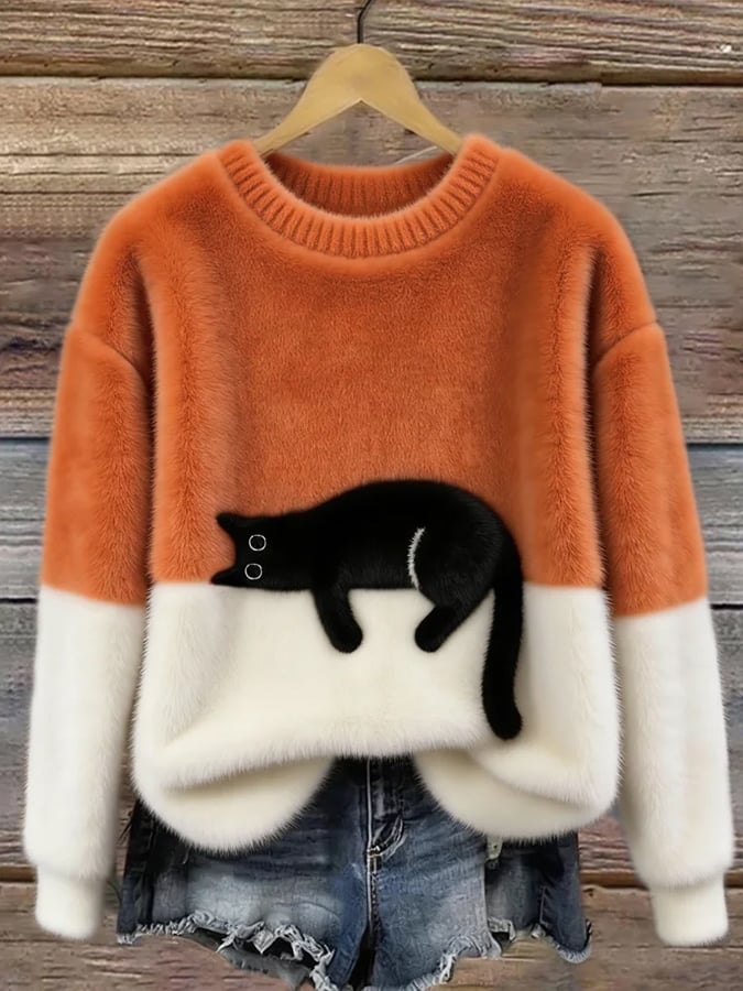 Weicher Damen Pullover mit Katze Rundhals Langarm Strickpullover Mehrfarbig