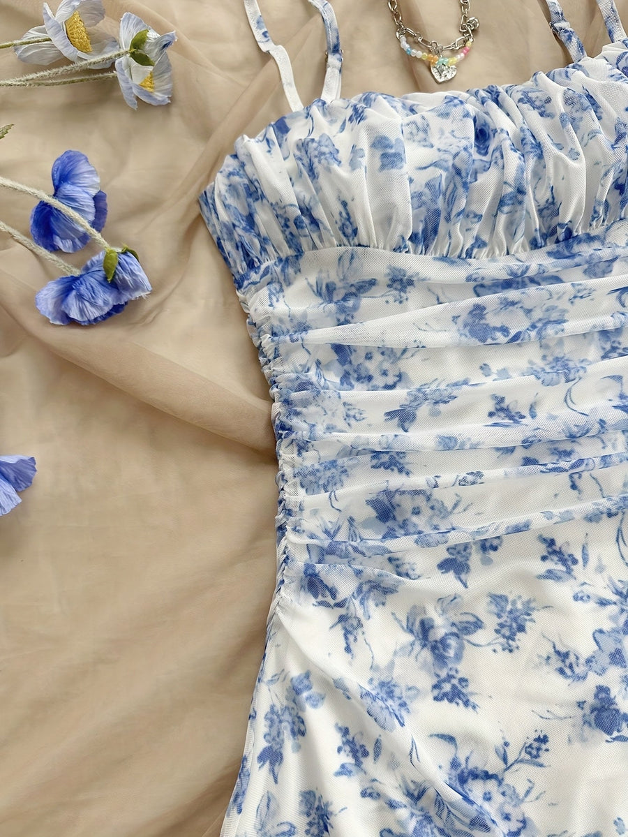 Damen Sommerkleid Elegant mit Spaghettiträgern und Blumenmuster – Perfekt für Alltag und Urlaub