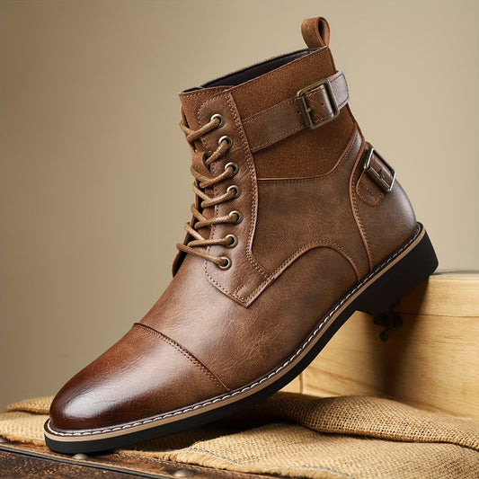 Herren Schnürstiefel Braun mit Schnallen und Profilsohle