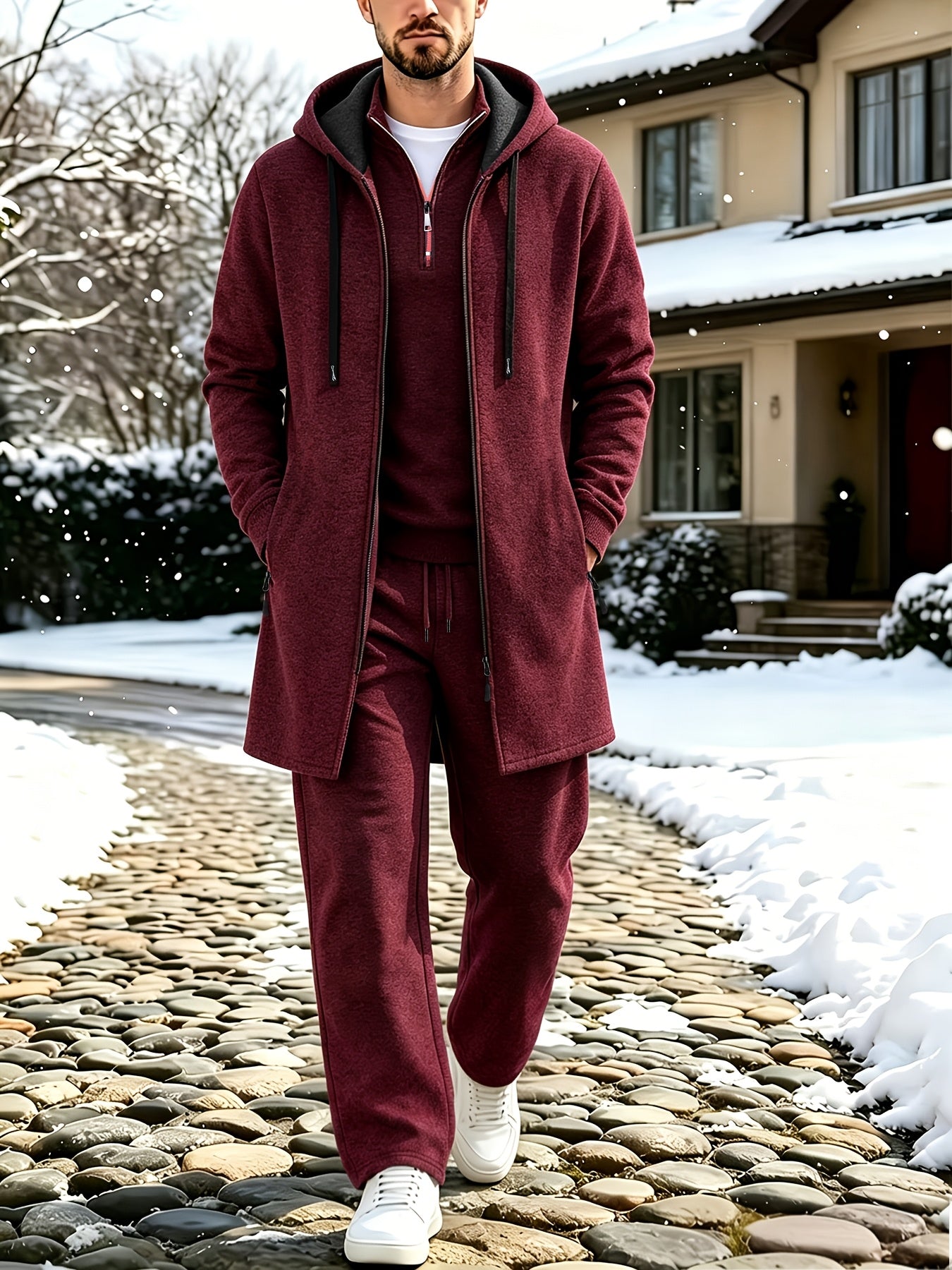 Herren 3-teiliger Trainingsanzug Set mit Kapuzenmantel, Pullover und Hose
