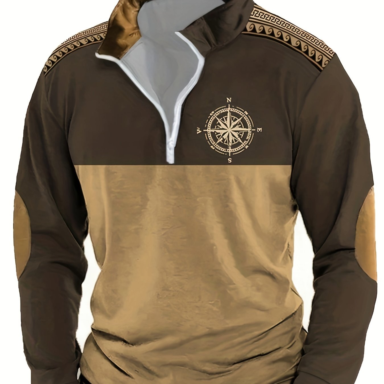 Herren Halb-Reißverschluss Pullover mit Kompass-Motiv, Kragen & Ellenbogen-Patches, Zweifarbig