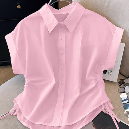 Damen Kurzarm Bluse mit Kragen und Bindeband-Detail – Modernes Business & Freizeit Hemd