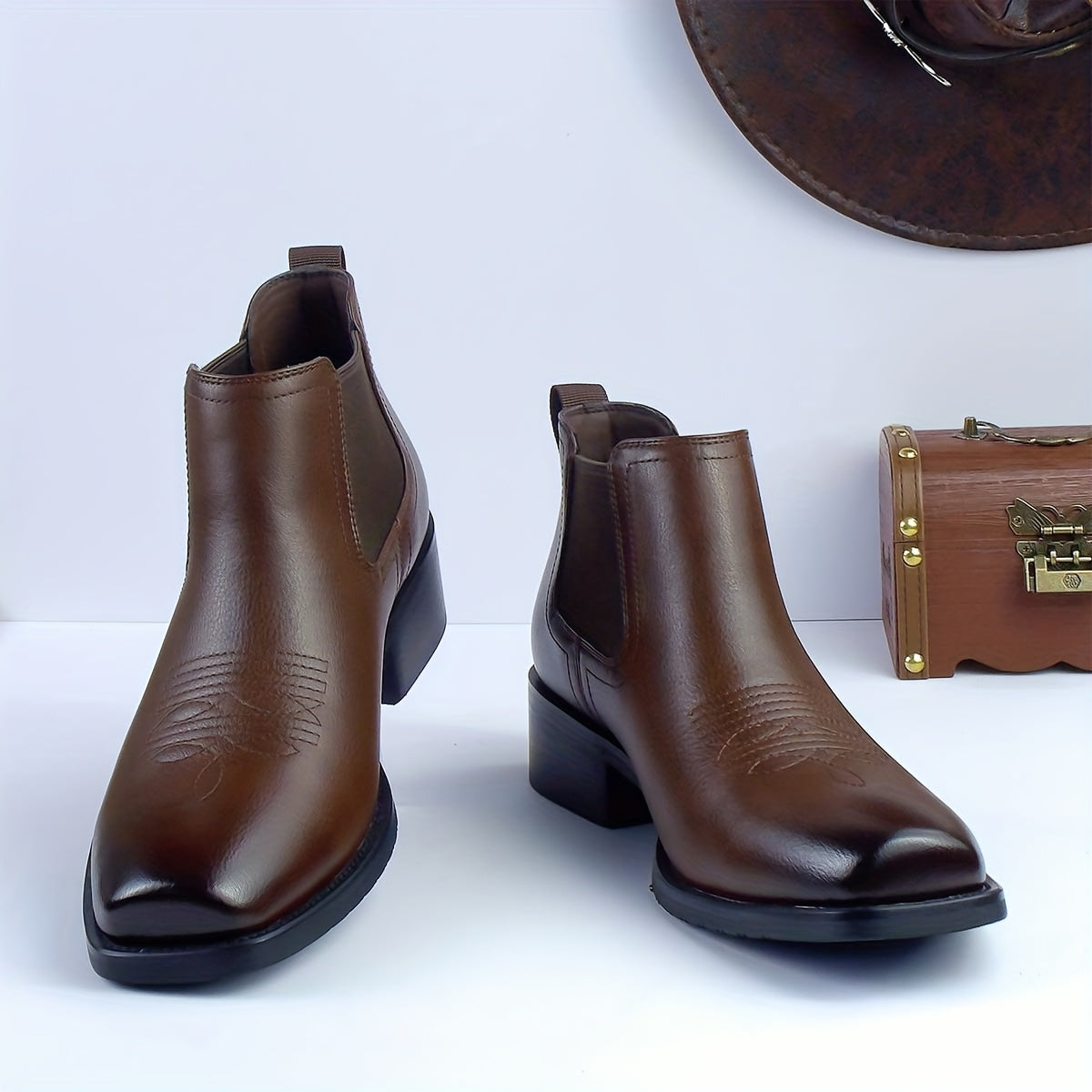 Chelsea Boots mit Western-Stickerei, Blockabsatz und elastischen Einsätzen für Herren