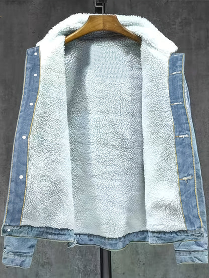 Jeansjacke Herren gefüttert mit Fellkragen Hellblau Winterjacke Baumwoll-Mix