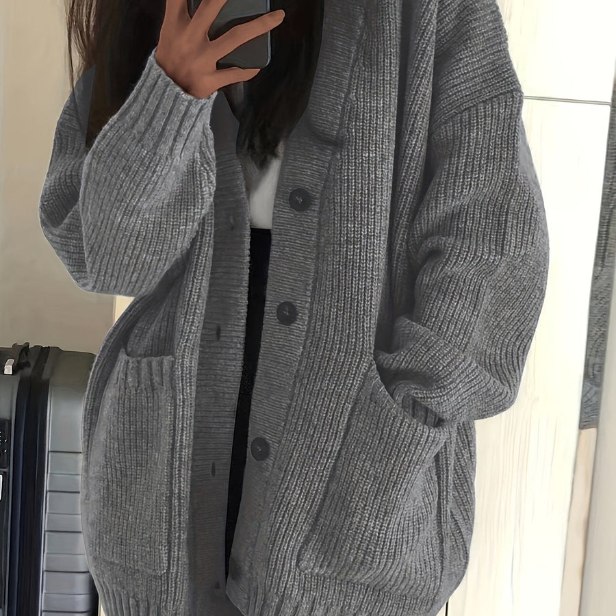 Damen Strickjacke Langarm V-Ausschnitt Knopfleiste Rippstrick Oversize