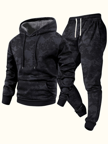 Herren Jogginganzug mit Kapuze, Camouflage-Muster, Schwarz