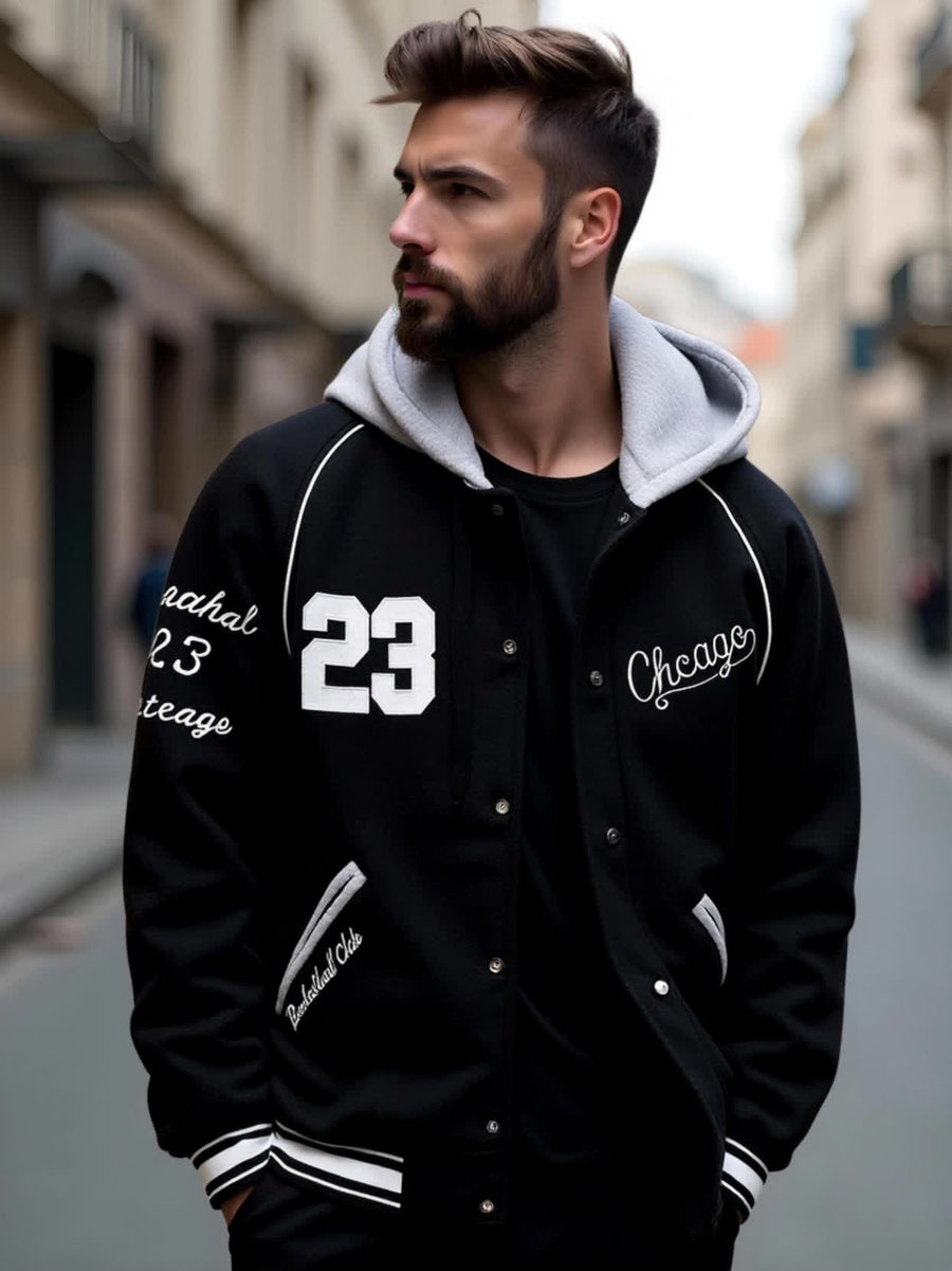 Unisex Kapuzen Sweatshirt Jacke mit Knopfleiste Varsity Style