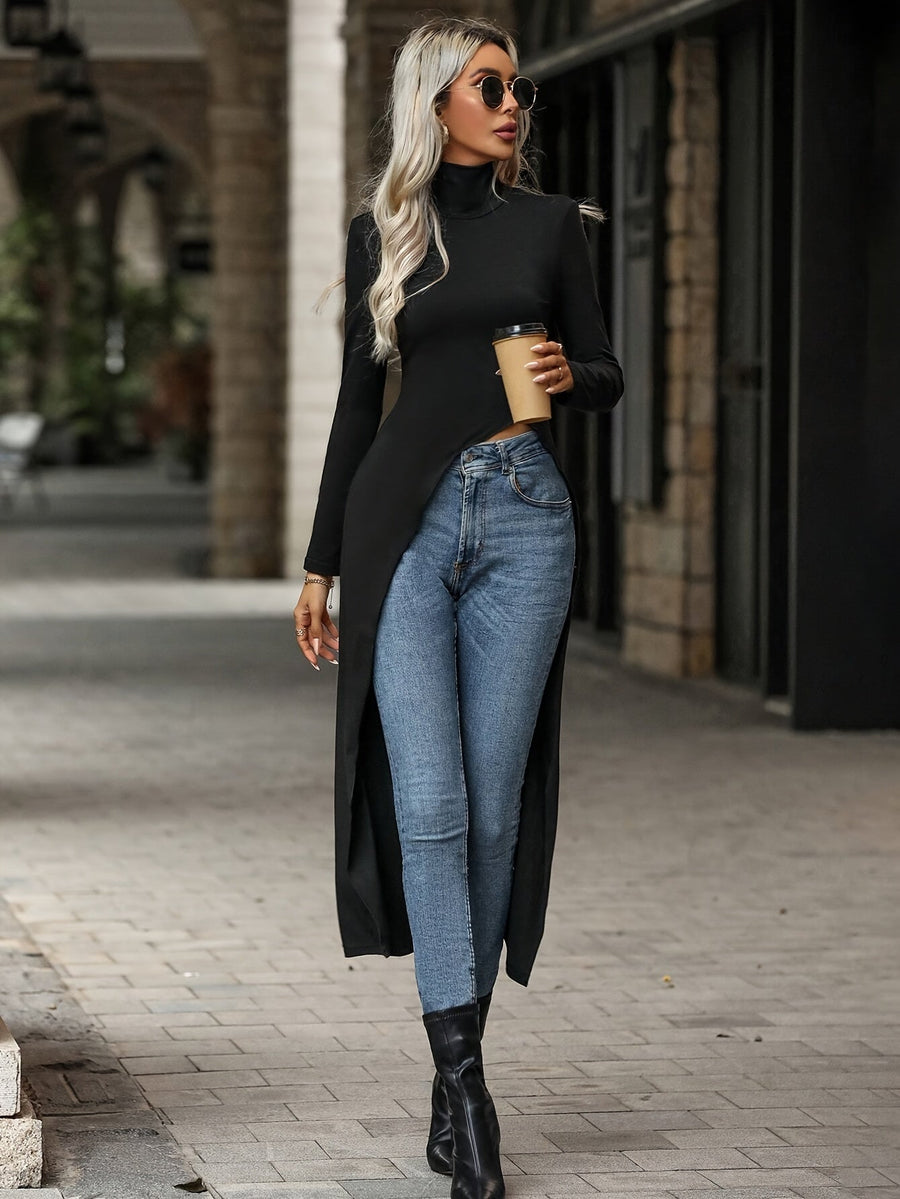 Damen Langarm Top Rollkragen Schwarz Schlitz Lang