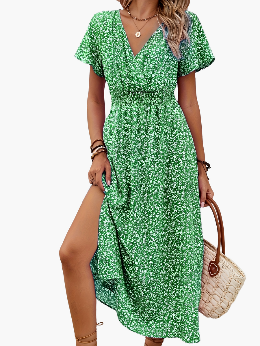 Damen Boho Maxikleid mit V-Ausschnitt und Blumenmuster – Elegantes Sommerkleid für Alltag und Urlaub