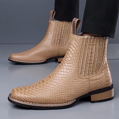 Herren Chelsea Boots mit Kroko-Muster, quadratischer Zehenkappe, Schwarz